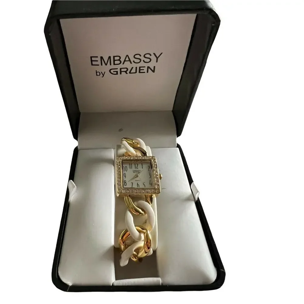 Embassy by Gruen Women's Watch Gold White Chain Link Cuff Rhinestone Square NIB